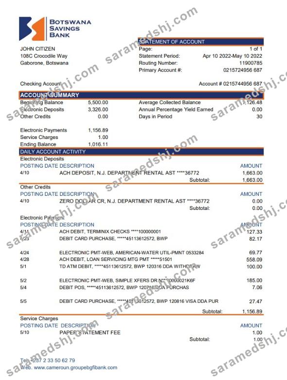 Botswana Savings Bank Statement